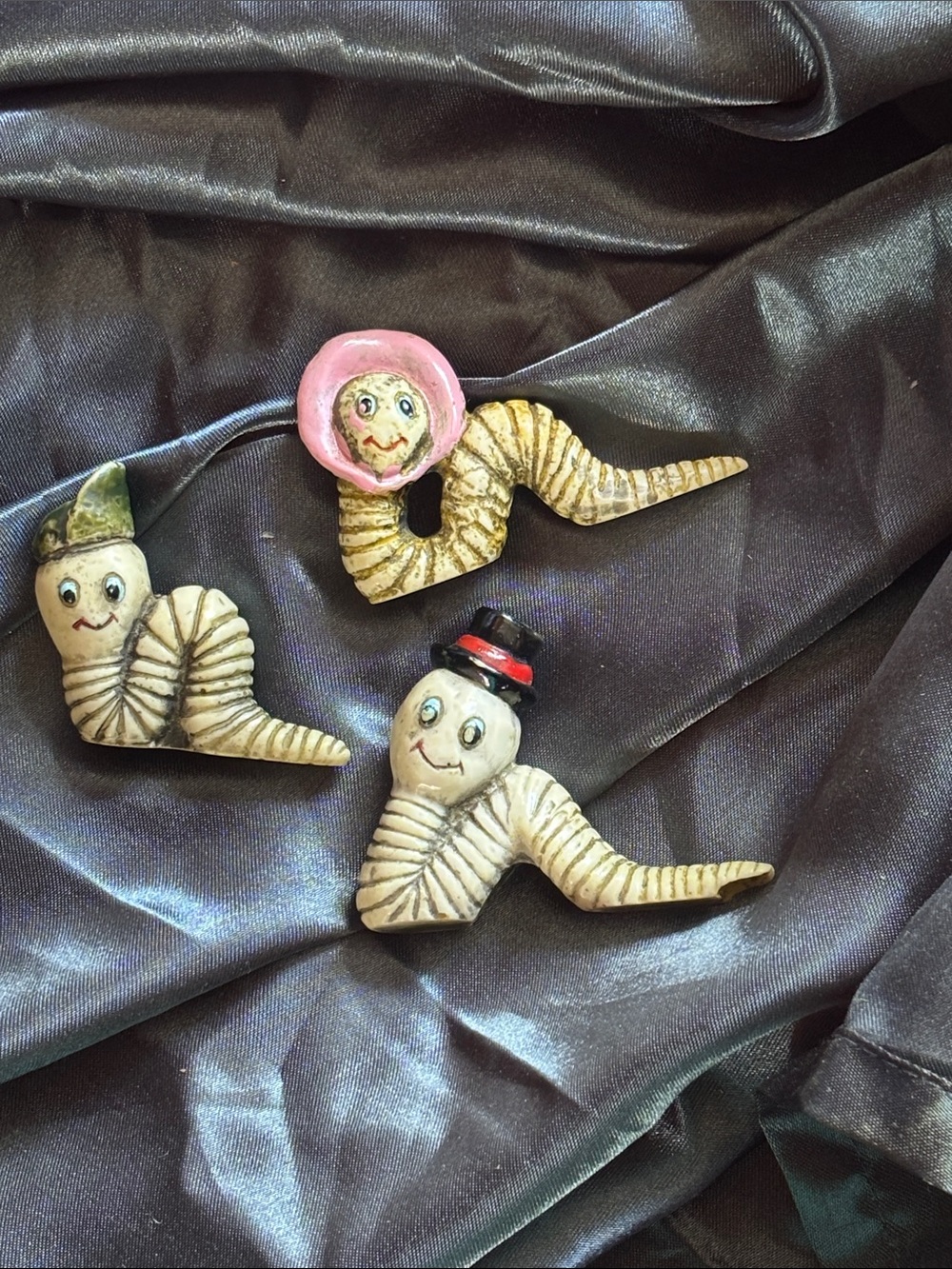 Vintage Cute Worm Character Bag Charms - Cream, Pink, Green, Black